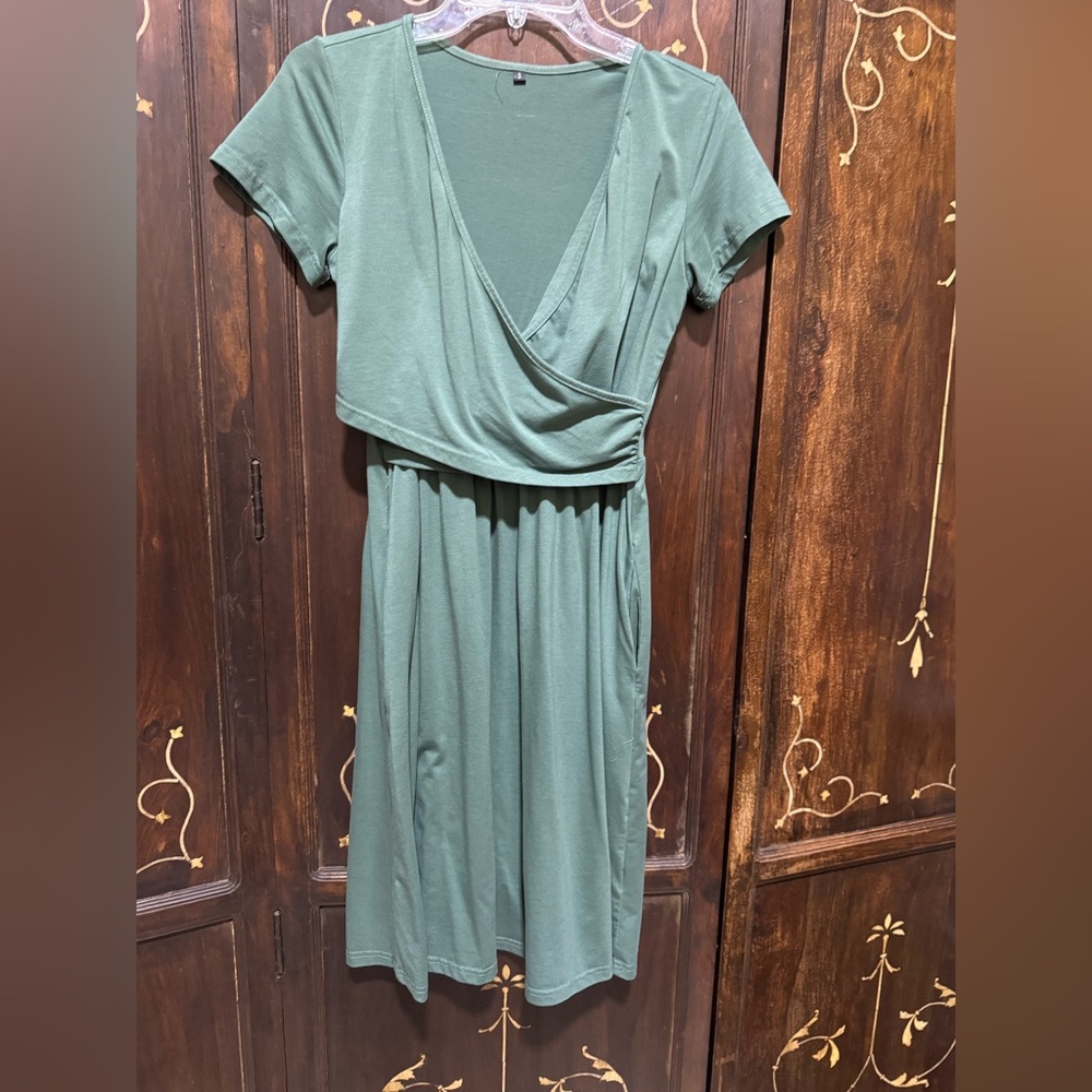 Elegant Green faux Wrap MATERNITY Dress